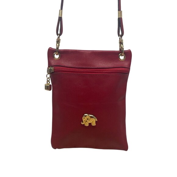 Gold Elephant Charm Red Faux Leather Crossbody Bag with Adjustable Strap Sz S - Picture 2 of 7
